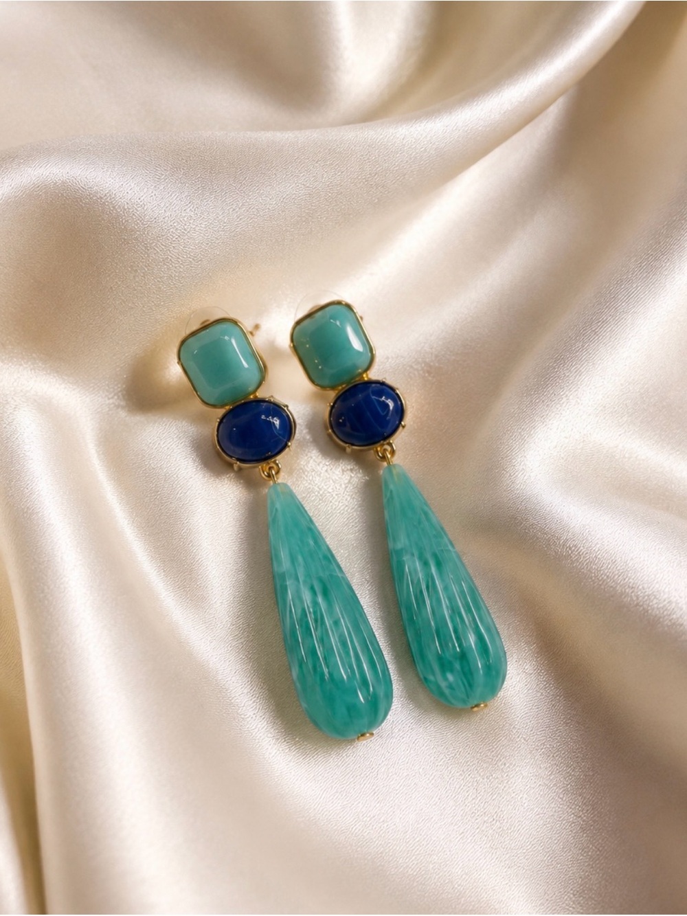 Green and Blue Drop Statement Earrings - Gold Tone